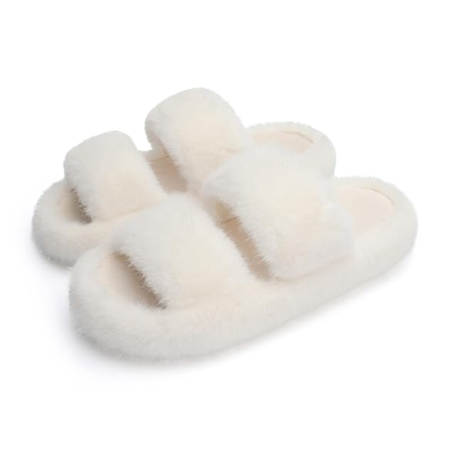 Chantomoo Womens Slippers Memory Foam Slippers for Women Fuzzy Comfy Faux Fur House Furry Indoor Open Two Bands