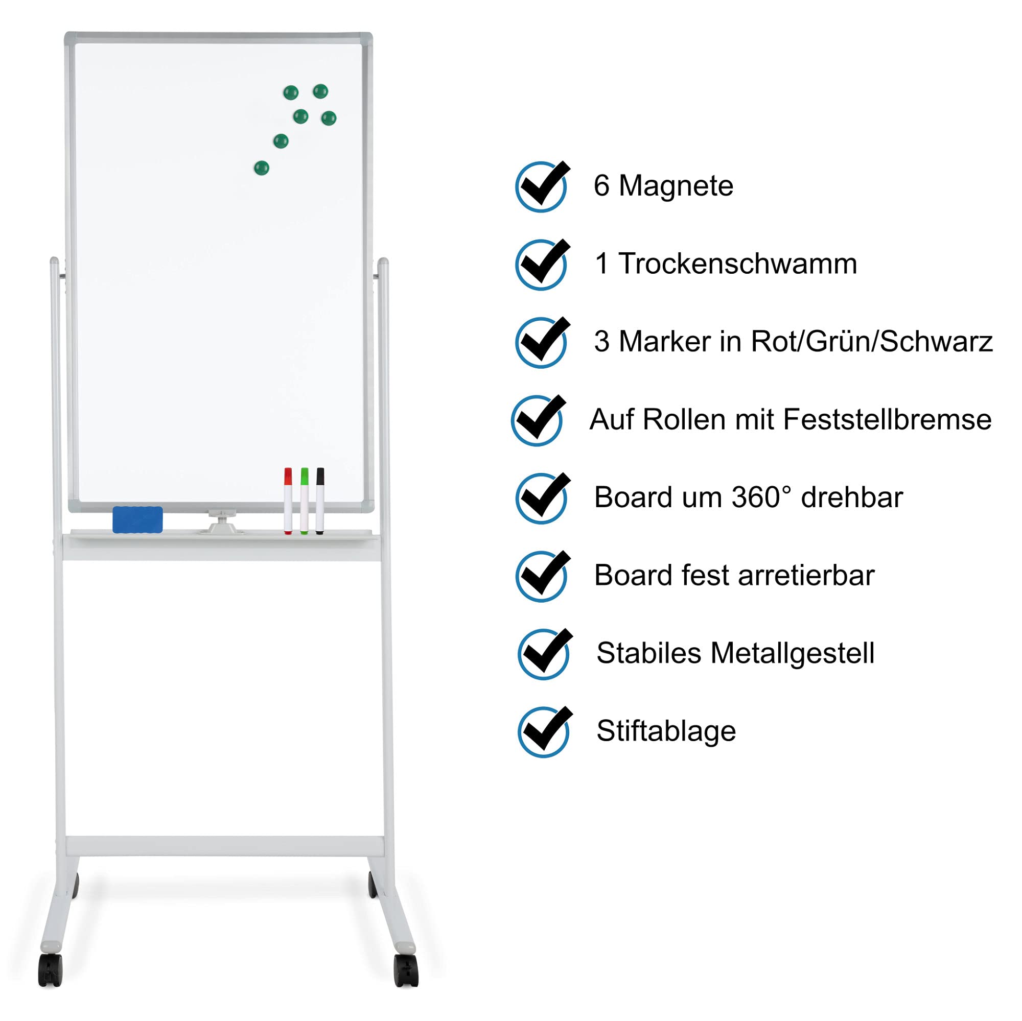 Pronomic WB-6090 Whiteboard, Whiteboard dreh- und verriegelbar, Abwischbar | Beidseitig beschreibbar, Gesamtabmessungen (Höhe x Breite): 171 x 70 cm, Abmessungen Whiteboard (Höhe x Breite): 90 x 60 cm