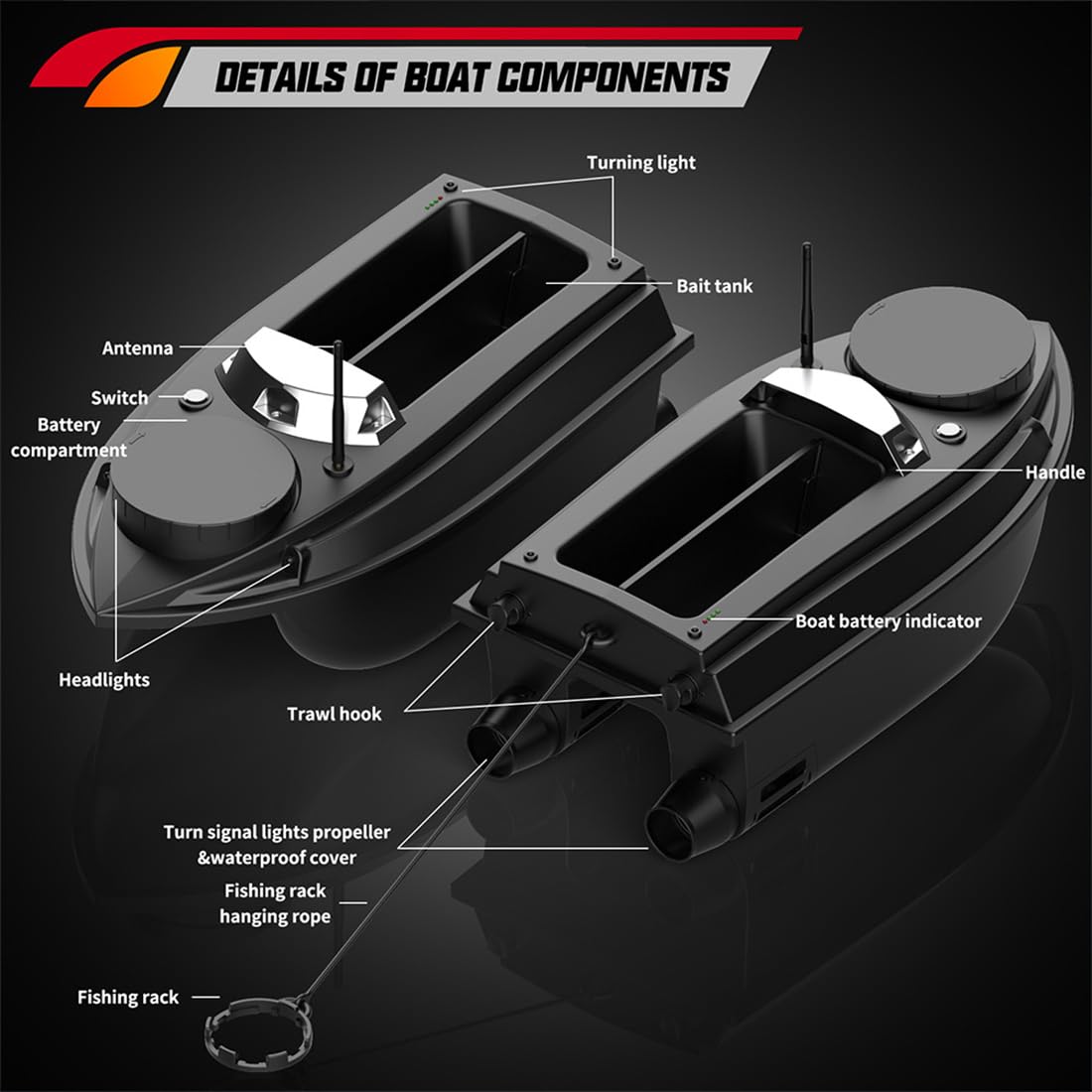 RC Bait Boat, V030 12V 2.4G GPS ad alta velocità Esca da pesca barca 800 m telecomando con 40 waypoint e capacità 3 kg Dual-Hopper, ideale per la consegna di esche pesca alla carpa
