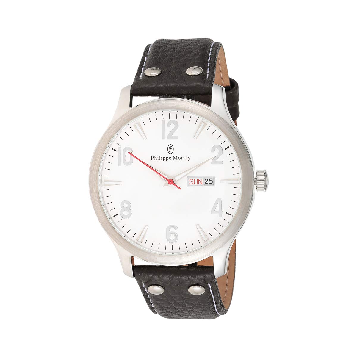 Philippe MoralyMen's White Dial Leather Band Watch - L1113WWO