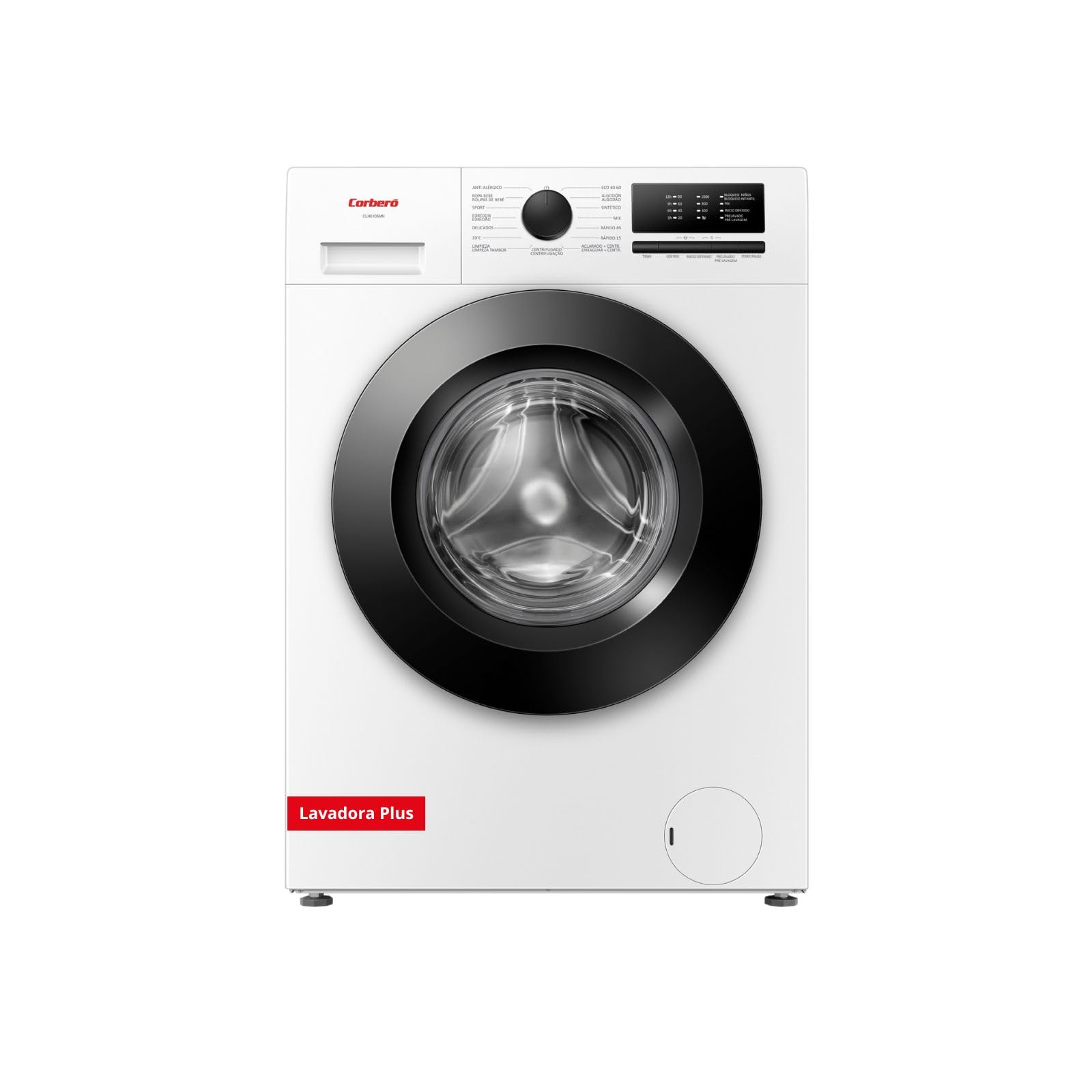Corberó – Lavadora Carga Frontal Plus 6kg | CLH6105MN | 1000 RPM | Motor Inverter | 15 Programas | Lavado Rápido 15 Min | Inicio Diferido | Función Antialérgica | Color Blanco