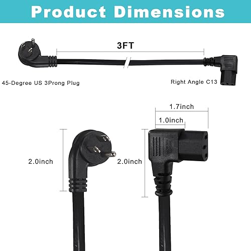 Miniatura 2 de Paquete de 2 cables de alimentación de repuesto para monitor de computadora de 3 pies, enchufe plano de perfil bajo, NEMA 5-15P a cable de