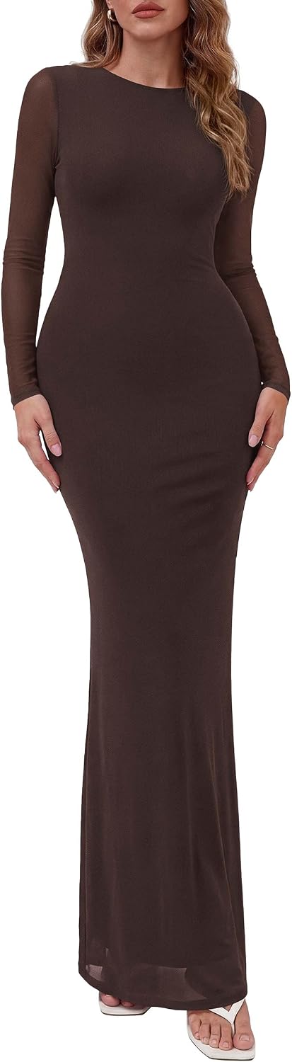 PRETTYGARDEN Women's Mesh Long Sleeve Bodycon Maxi Dress,Brown,XL