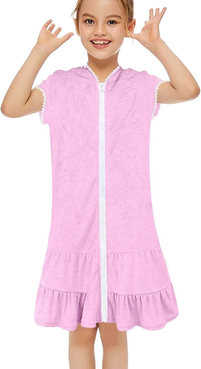 Girls Swim Cover Up Beach Bathing Suit Summer Coverup Hooded Swimsuit Kids Swimwear Short Sleeve Ruffle Dress Clothes