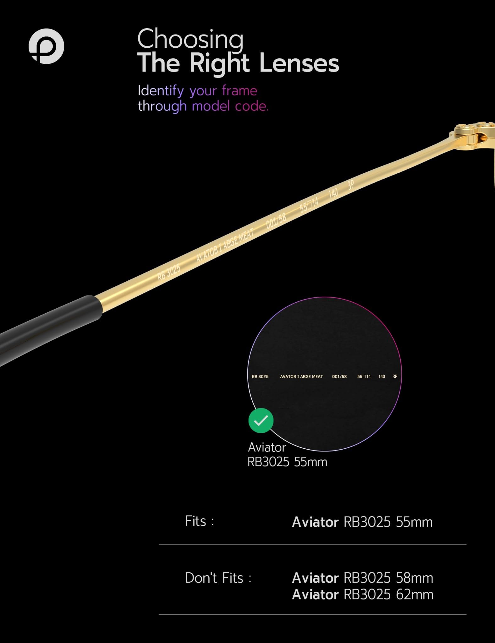 Lenti di ricambio compatibili con occhiali da sole Ray-Ban Aviator RB3025 55 mm