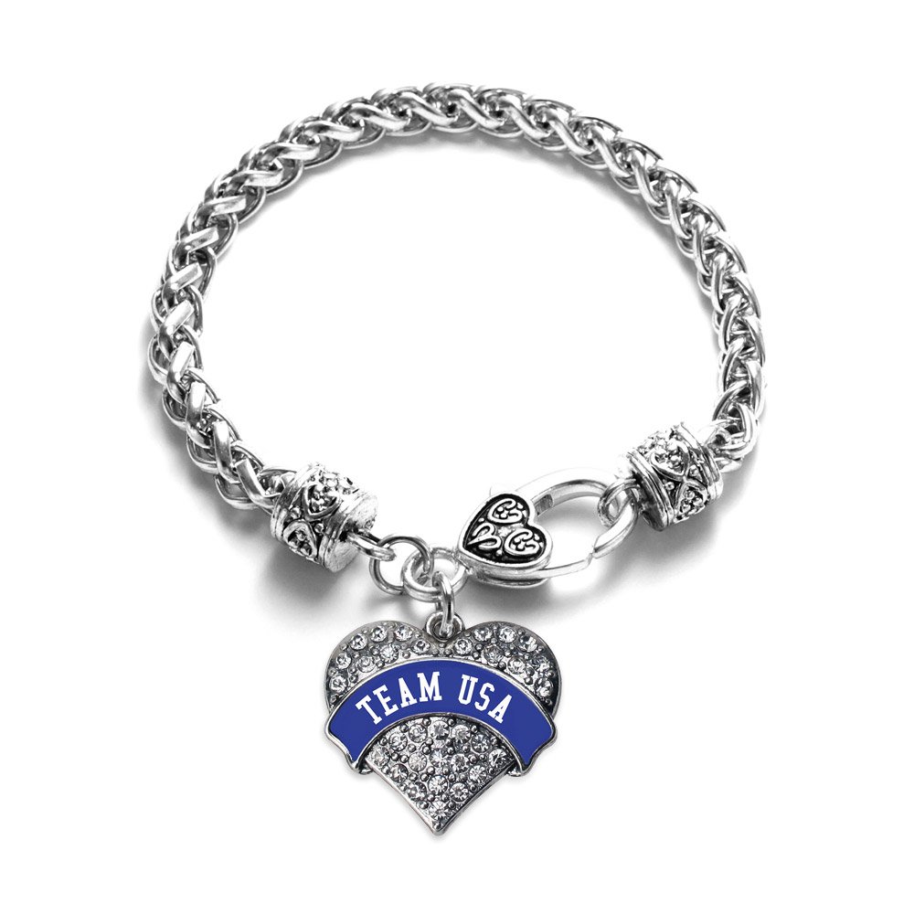 Inspired Silver - Team USA - Blue Banner - Silver Braided Bracelet for Women - Pave Heart Charm Bracelet Jewelry Gift with Cubic Zirconia - Women's Charm Bracelet with Lobster Claw Clasp