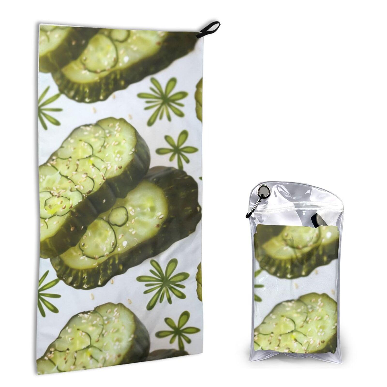 WPKJU Sushi Dill Pickles Printed Microfiber Quick Dry Towel 16x31.5 in, Lightweight & Compact with PVC Pouch & Carabiner - for Beach, Camping, Gym, Travel & Home Use