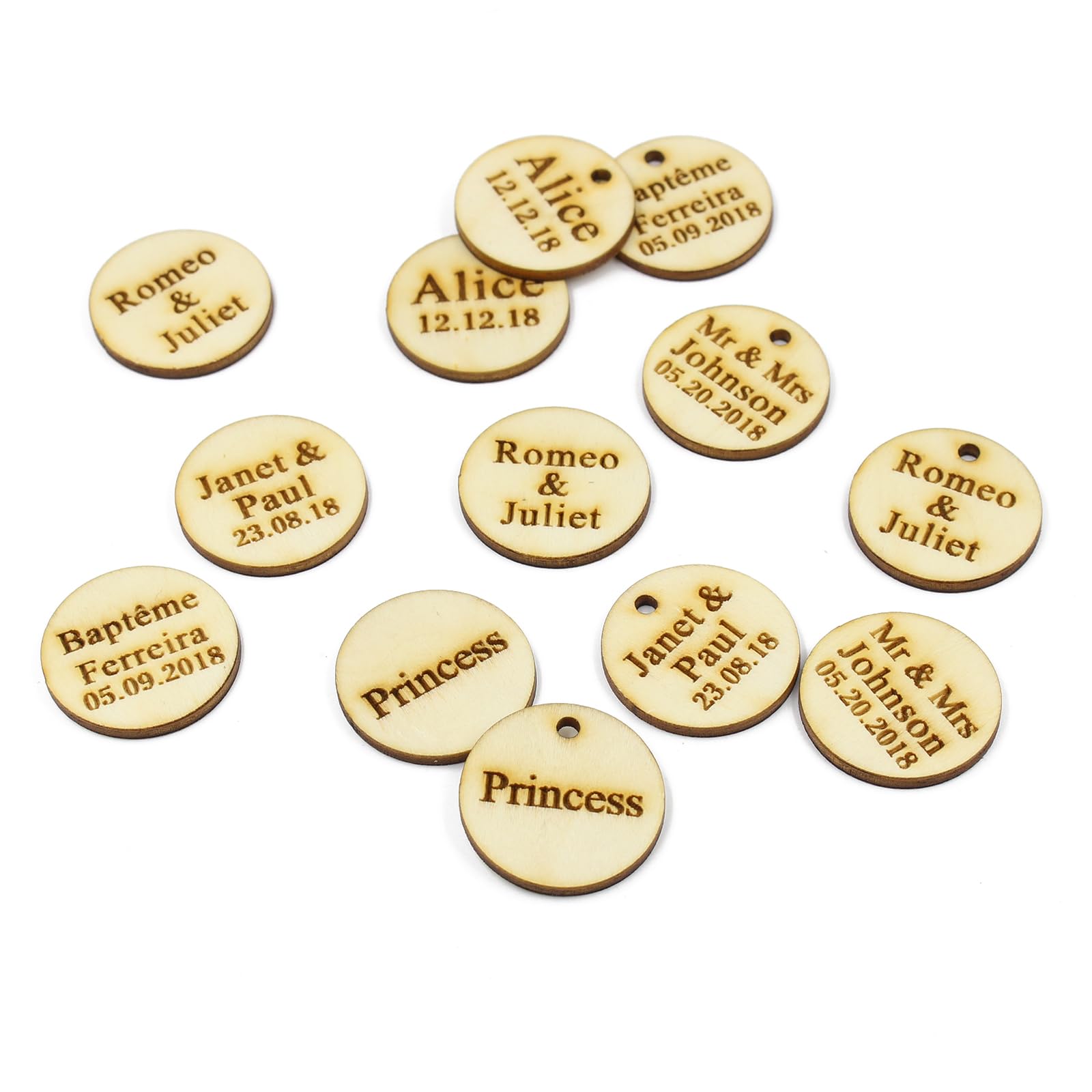 50 Pcs Personalized Custom Country Wedding Vintage Wooden Round Label,Baby Baptism Birthday Party Gift Wine Tag Wedding Decoration (Wood No Hole,4 CM)