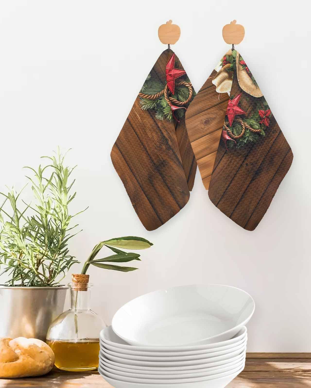 Hokiten Western Christmas Waffle Kitchen Towels Dishcloths, Xmas Botanical Wreath Vintage Absorbent Dish Towels | Hand Towels for Bathroom/Bar, 12 x 12 Inch, 2 Pcs