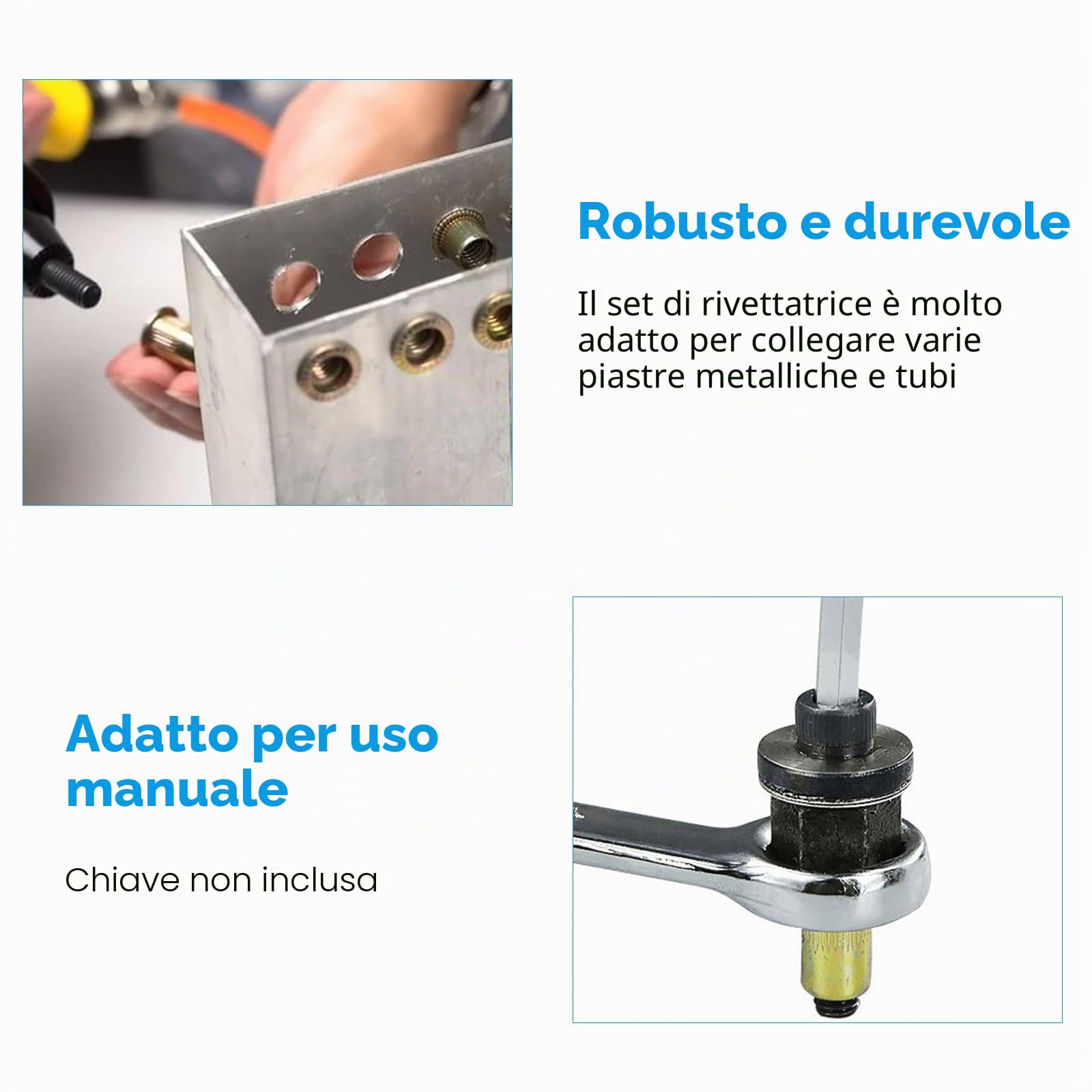 186 pezzi Rivettatrici Manuali di Teste Set, Contiene 180 pezzi ciascuno di dadi M3/M4/M5/M6/M8/M10, Rivettatrice per Inserti Filettati, Mandrino Punte Trapano Metallo per Rivettatrice