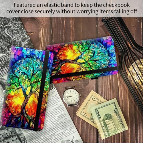 Image of FUYOCWE Leather Checkbook Covers for Men Women Check book Holder Cover Wallets for Personal Checkbook Duplicate Checks with RFID Blocking & Elastic Strap-Glass Style Colorful Life Tree
