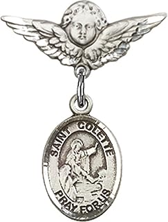Sterling Silver Baby Badge with St. Colette Charm and Angel w/Wings Badge Pin 7/8 X 3/4 inches