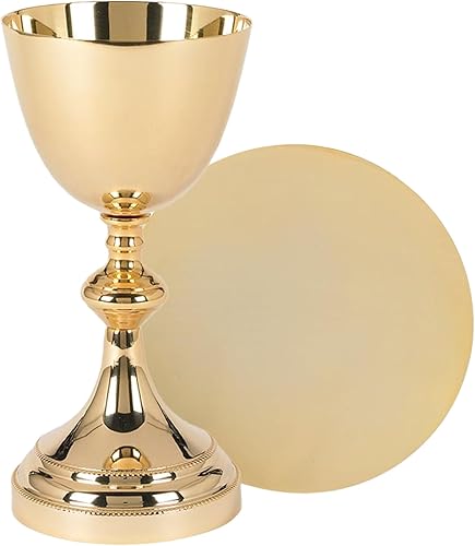 Needzo Juego de Cáliz y Patena, diseño de latón, obleas no incluidas, 11 onzas, 3-1/2" diámetro x 7-3/4" H, 5" diámetro