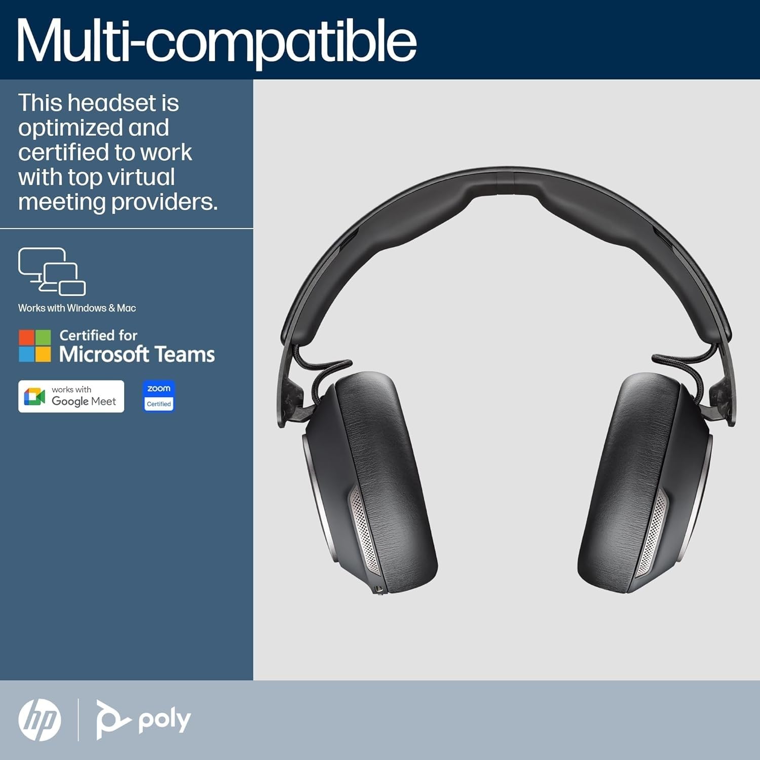 Poly Voyager Surround 80 UC, Cuffia Senza Filo, Connessione Bluetooth 5.3, USB-A e USB-C, Cancellazione Rumore, Cuscinetti in Similpelle, Autonomia 24 Ore, Compatibile con Windows 10 e macOS, Nero