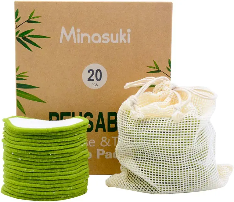 Minasuki 20 Pack Reusable Makeup Remover Pads - Bamboo Reusable Cotton Rounds for Toner, Washable Eco-Friendly Pads for All Skin Types with Cotton Laundry Bag