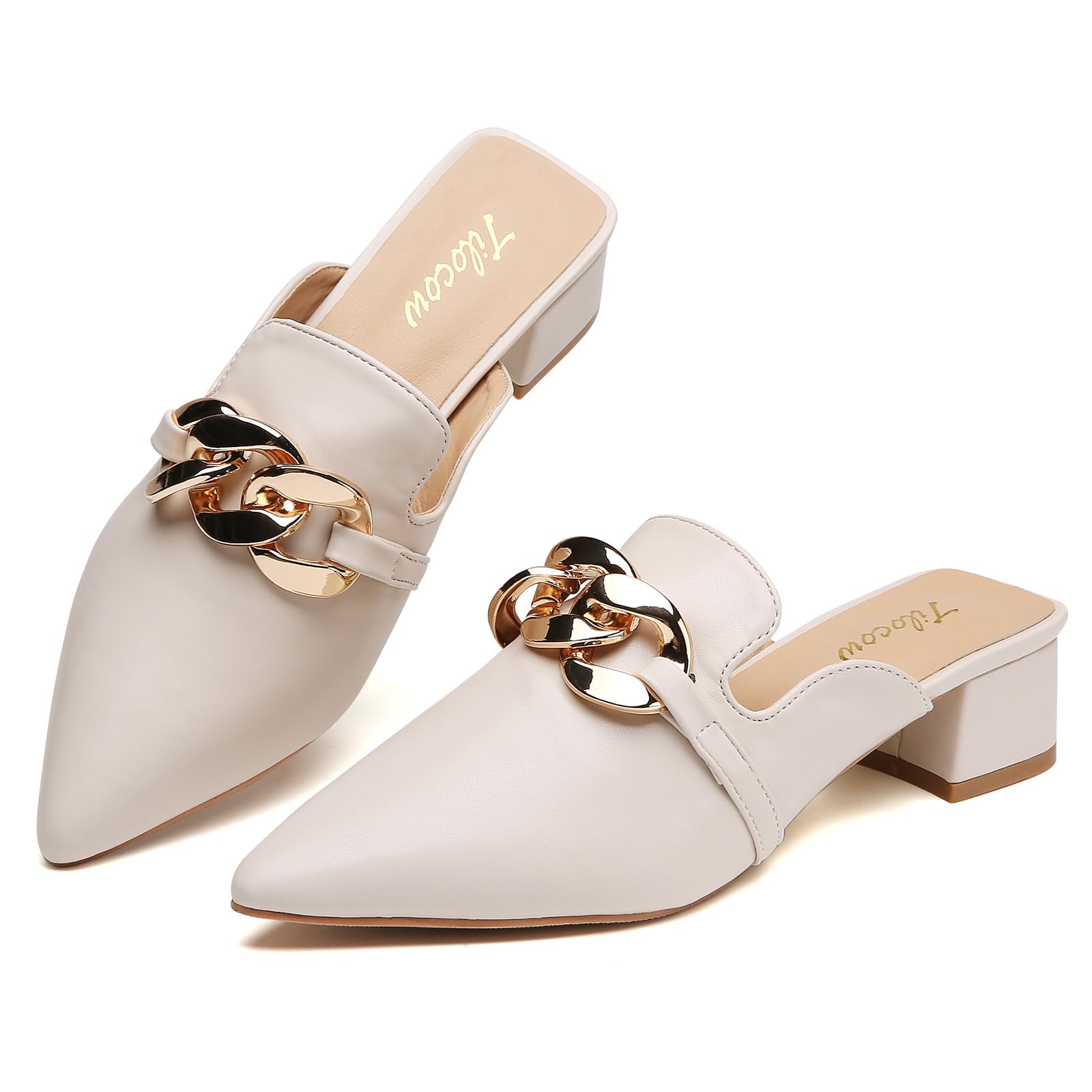 Tilocow Metal Chain Decor Mules Heels for Women Chunky Heeled Sandals Slip on Closed Toe Slides for Women Backless Mules