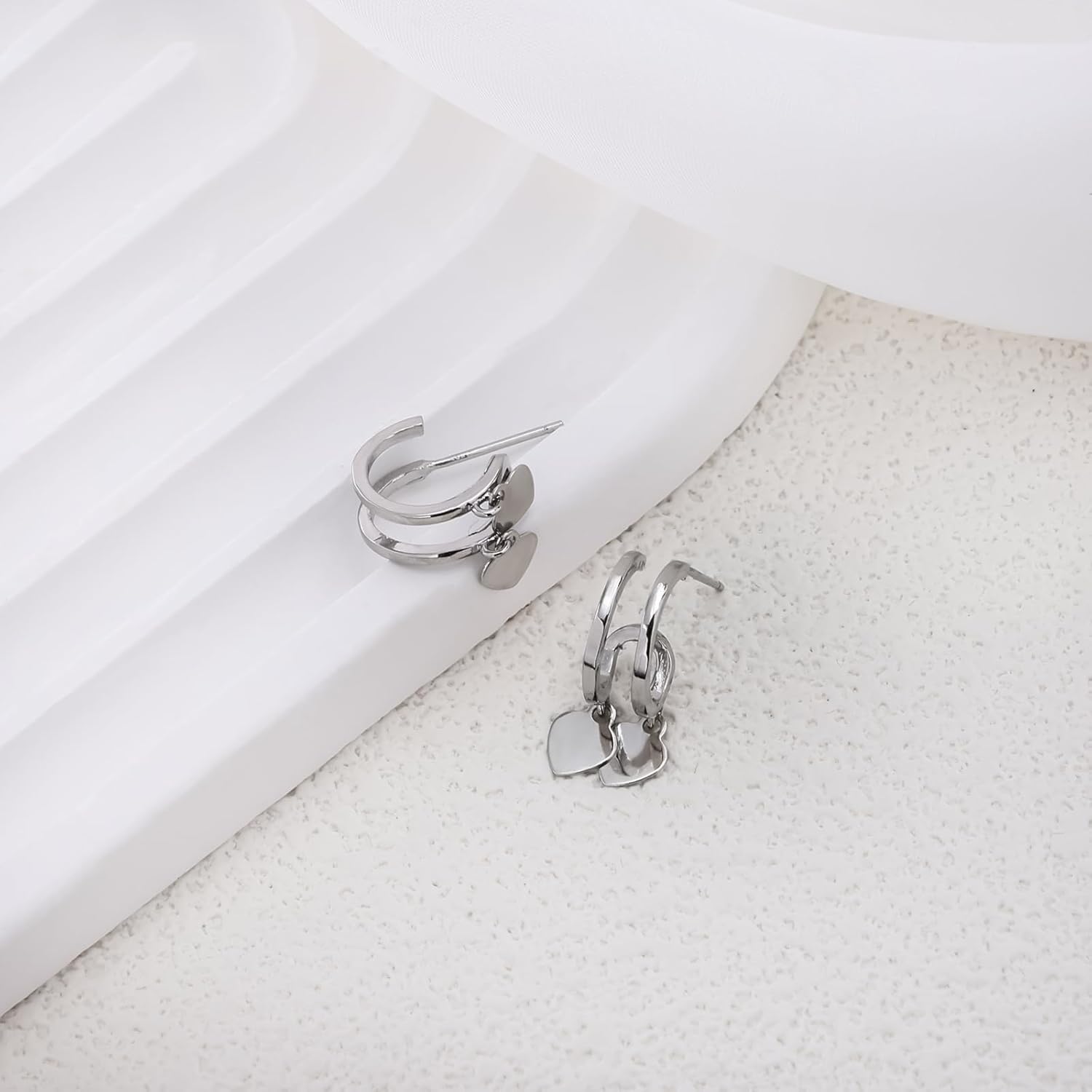 Silver Heart Dangle Earrings for Women, Hypoallergenic Sterling Silver Stud, Dainty Fun Lightweight Huggie Hoop Double Heart Shape Earrings for Women - Image 6