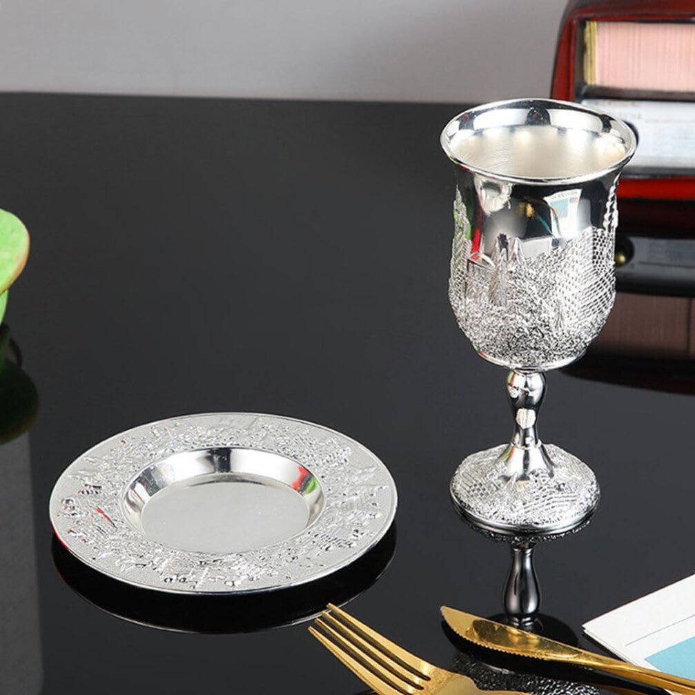 Kiddush Cup Set, Kiddush Wine Cup and Saucer Silver Plated Goblet With Stem Shabbat and Havdalah Goblet Judaica Shabbos and Holiday Gift