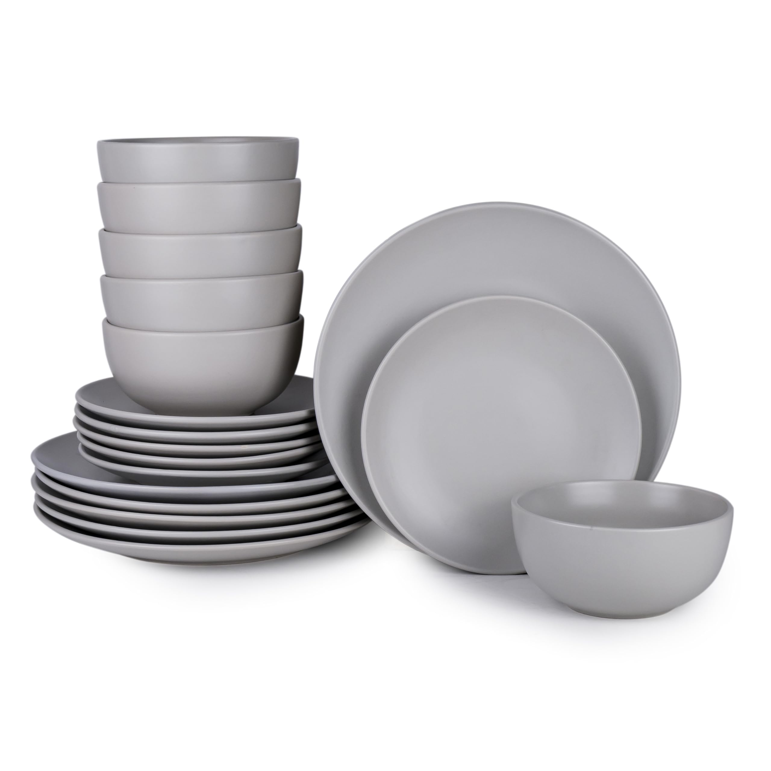 Bone China 18-Piece Stoneware Dinnerware Set - Elegant Ceramic Crockery for 6 - Includes 25cm Dinner Plate, 20cm Salad Plate, and 16cm Bowl - Grey