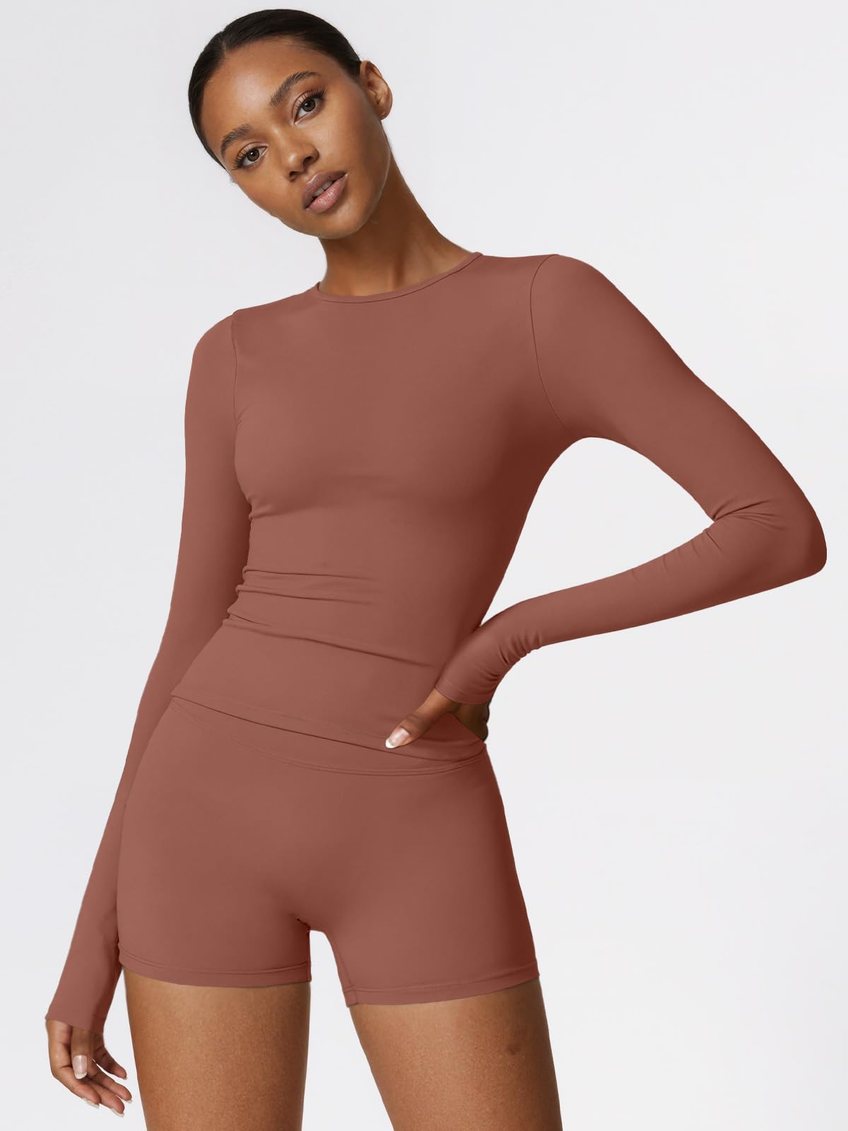 Women Long Sleeve Workout Top, Quick Dry Athletic Training Shirts, Tight Fit Crewneck Crop Tops for Gym Yoga