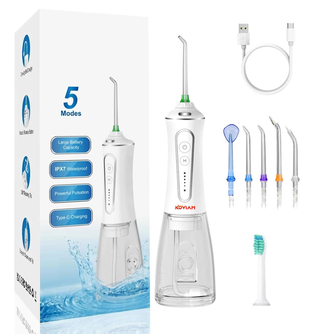 Irrigador bucal portátil con 5 Modos de potencia y 6 boquillas, 1200 Pulsos/min, IPX7, Carga USB-C, Boquilla 360°, Bola Gravitatoria, Limpieza Dental Profunda, Ortodoncia y Encías