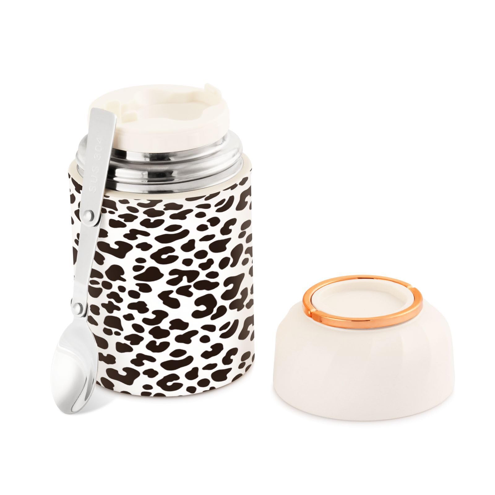 Ewusp Leopard Print Food Flask for Adults 500ml Stainless Steel Double Walled Vacuum Insulated Food Jar with Folding Spoon BPA Free Leakproof Soup Container