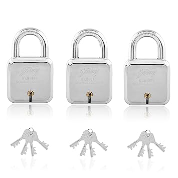 Godrej Locking Solutions and Systems Square Padlock with 6 Levers and 4 Keys (Pack of 3), Silver (8151-pack3) | Rust - resistant finish (Silver)