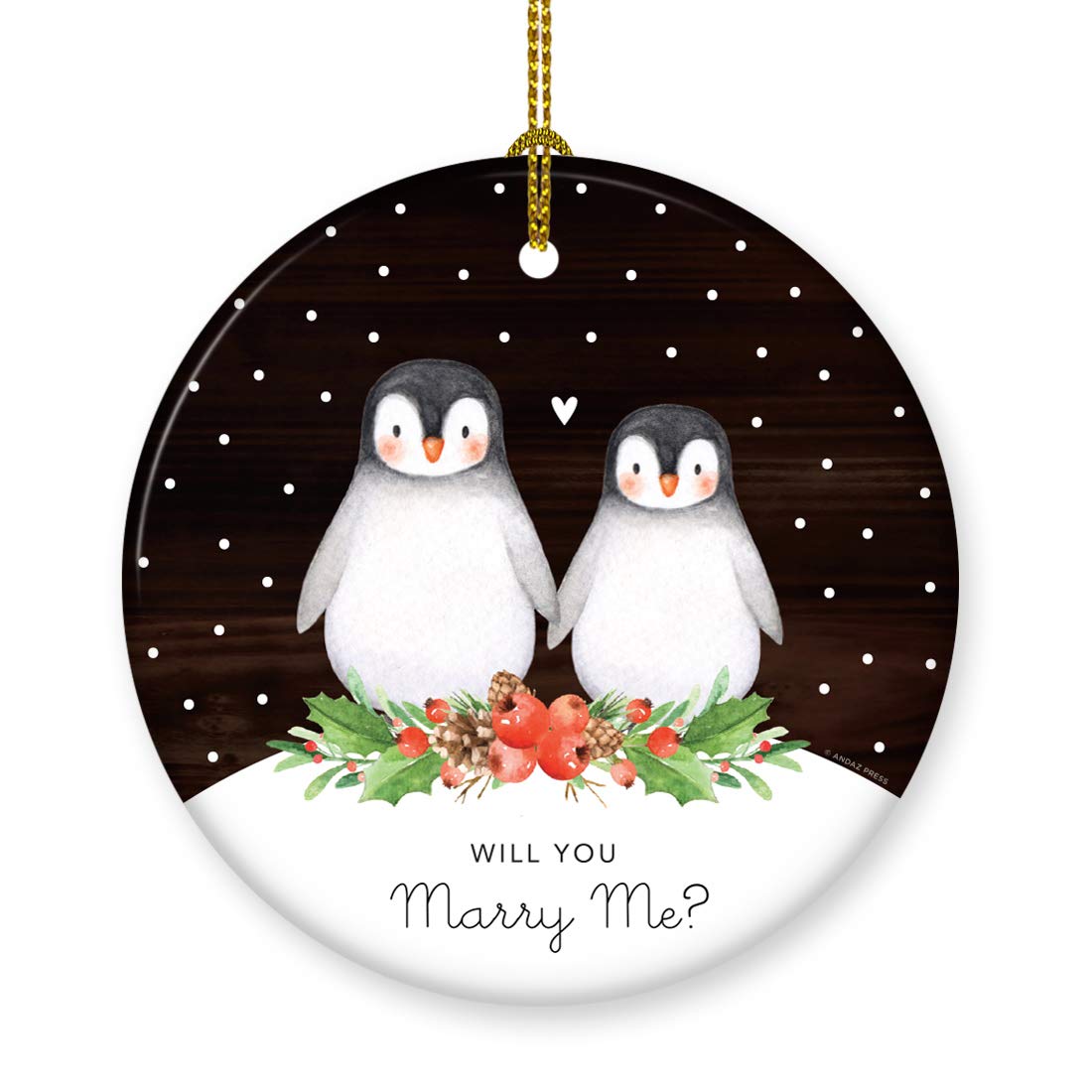 Andaz Press Engagement Wedding Proposal Round Ceramic Porcelain Christmas Tree Ornament Keepsake Collectible Gift, Will You Marry Me?, Watercolor