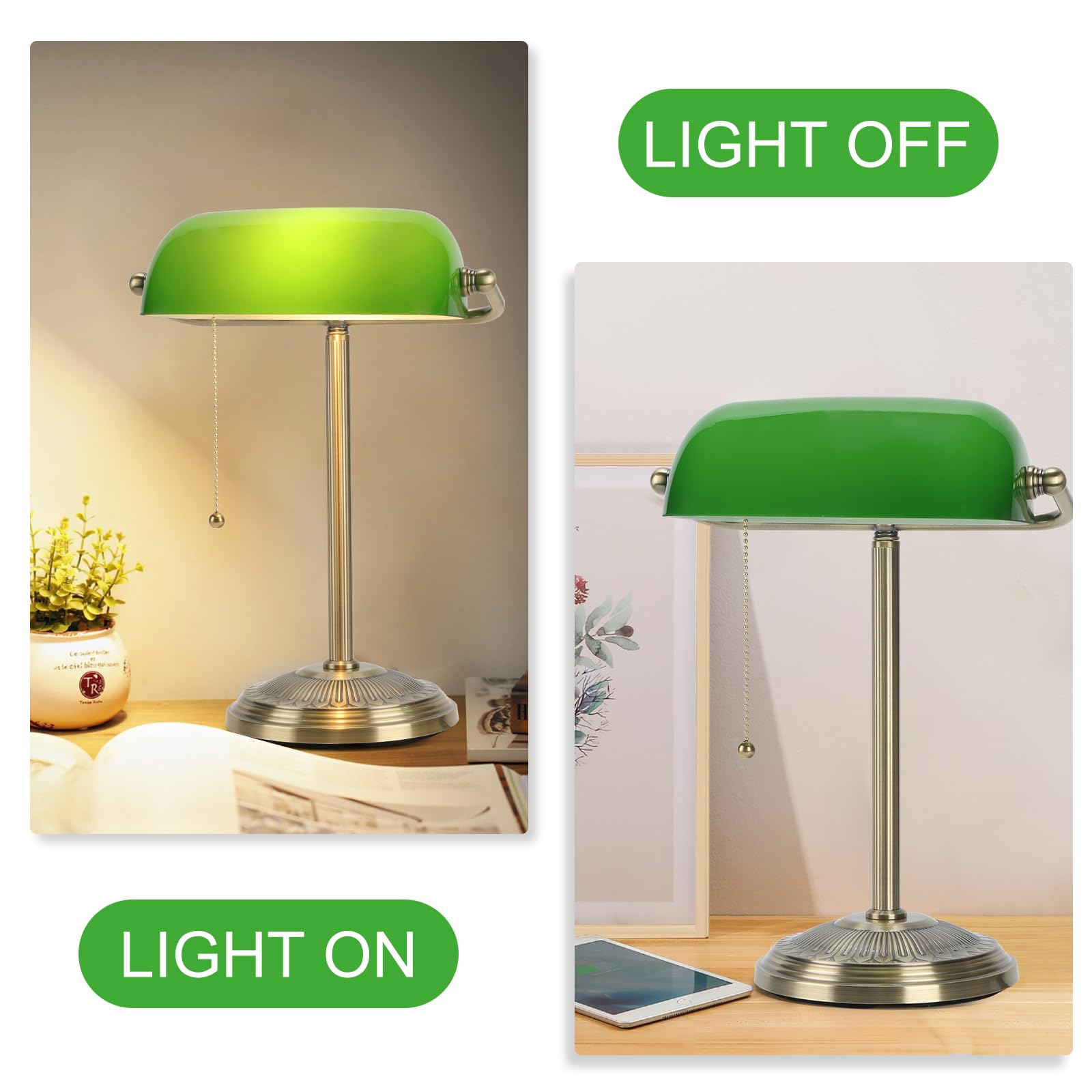Bankers Lampe, grüne Schreibtischlampe mit Messing-Finish, klassische Tischlampe mit Zugschalter für Zuhause, Büro, Arbeitszimmer (Grün)