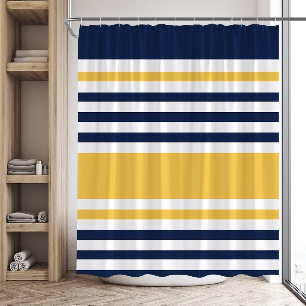 Navy Blue Yellow Shower Curtain Abstract Geometric Stripe Modern Contemporary Simple Fashion Boho Mid Century Bathroom Set Bathtub Accessories Polyester Fabric with Hooks 84Wx70H Inch