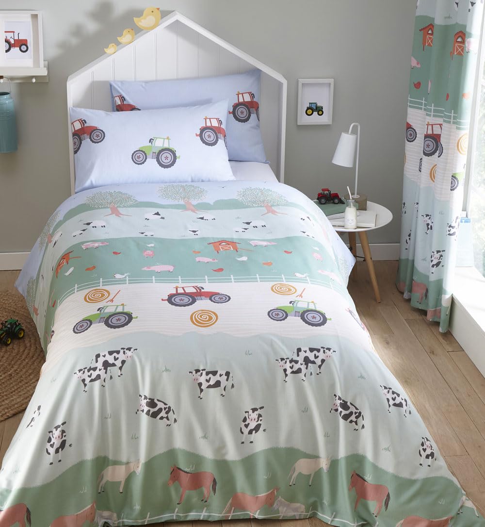Housse De Couette Bedlam Farmer Truck Pour Enfants - Animaux De La Ferme & Tracteurs - 200x140 Cm + Taie D'Oreiller - Réversible Bleu