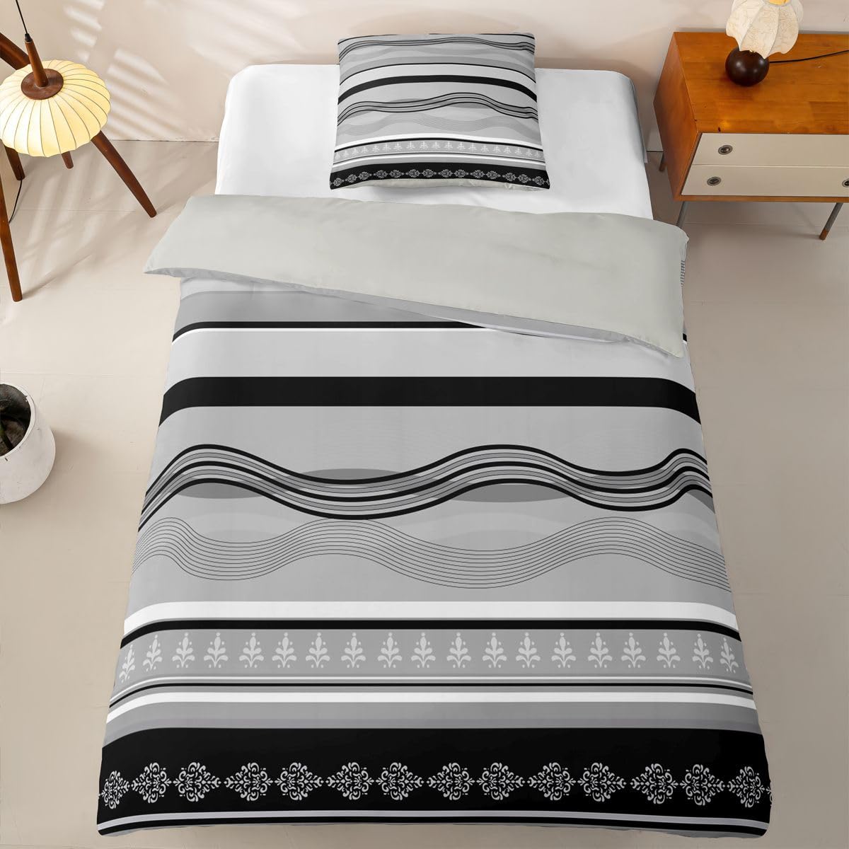 Homewish Schwarz Grau 135x200 Bettwäsche 4teilig