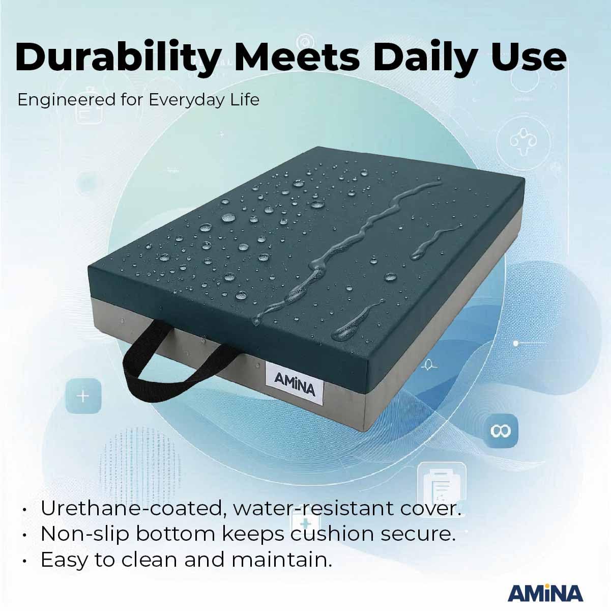AMiNA Cojín de espuma de gel con protector de piel, cómodo cojín de asiento para sillas de ruedas, sillas de oficina, asientos de coche, antideslizante, resistente al agua, asa de transporte, ideal