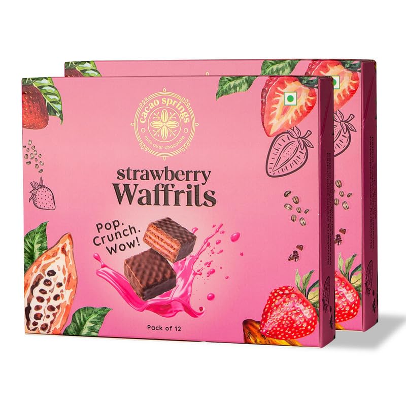 Image of Cacao Springs Premium Strawberry Waffrils Gift Box, Premium Choco & Nut Delicacy Waffle Chips, Great for Snacking, Premium Gift Hamper for Christmas Gifts, 12 Pieces in Each Box, 2 Boxes, 240gm