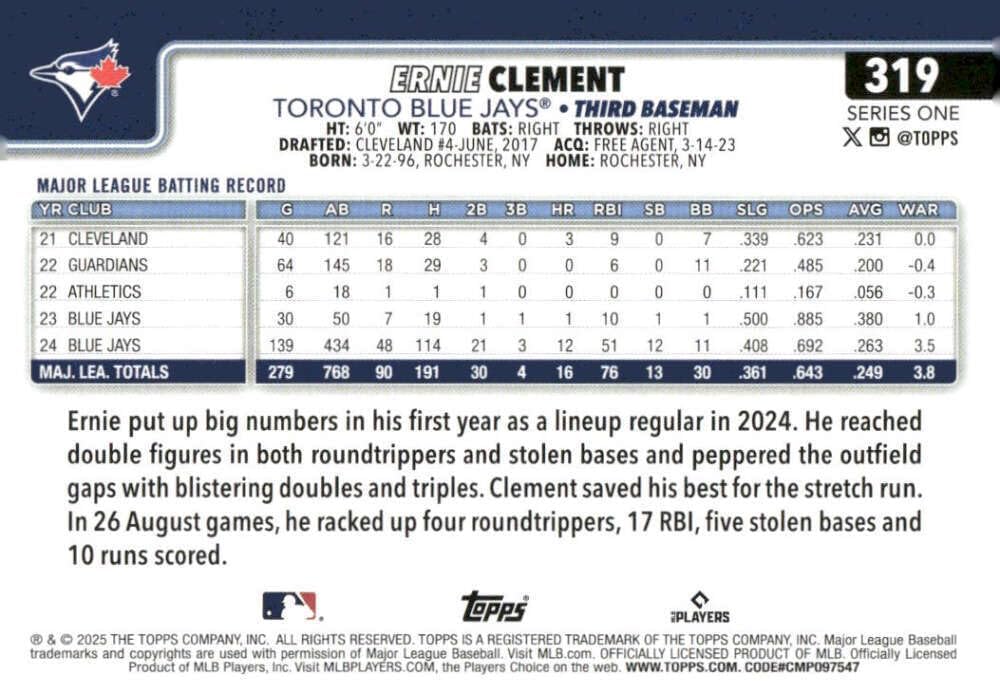 2025 Topps #319 Ernie Clement Toronto Blue Jays MLB Series 1 Baseball Base Trading Card