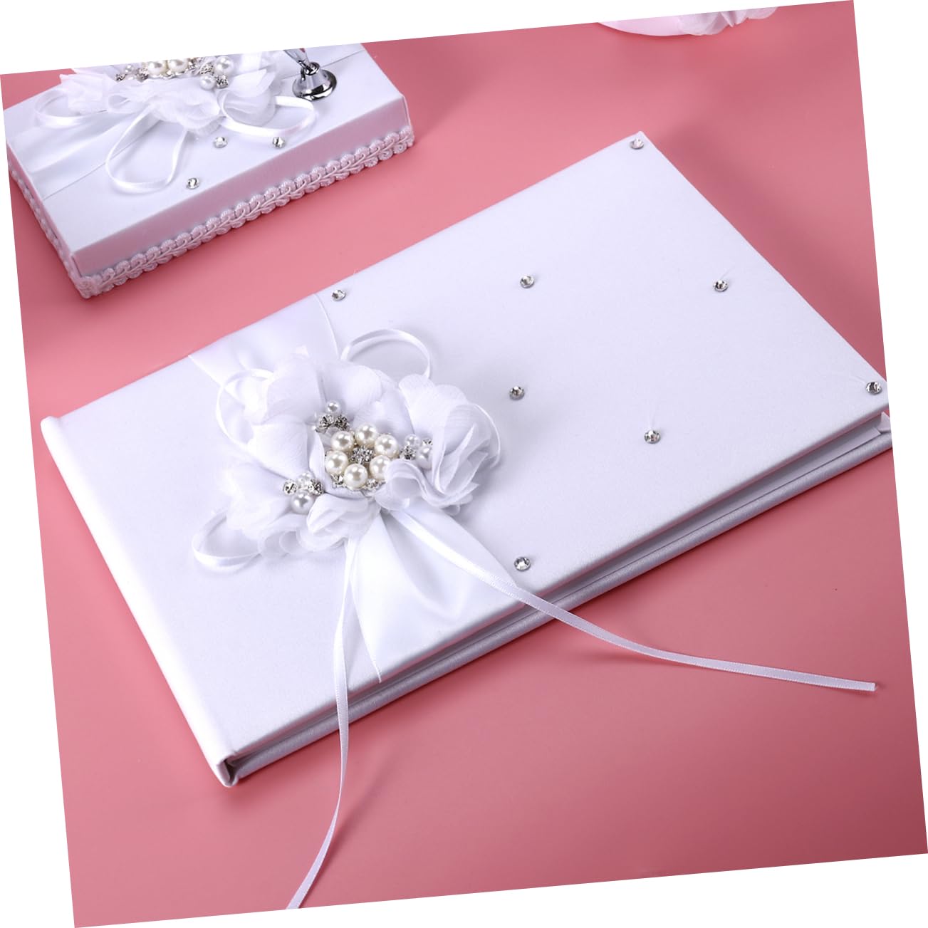 Unomor Complete Wedding Ring Pillow and Flower Basket Kit 20x20cm Ring Pillow Notebook and Pen White Flower Design