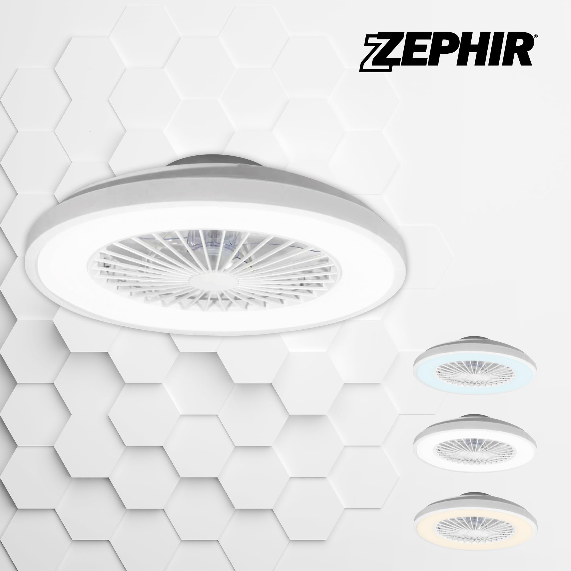 Zephir Ventilatore Plafoniera LED 30W, Luce Bianca CCT, 6 Velocità, Timer, Funzione Reverse E Notturna, 7 Pale Trasparenti, 14.5x48.5 Cm