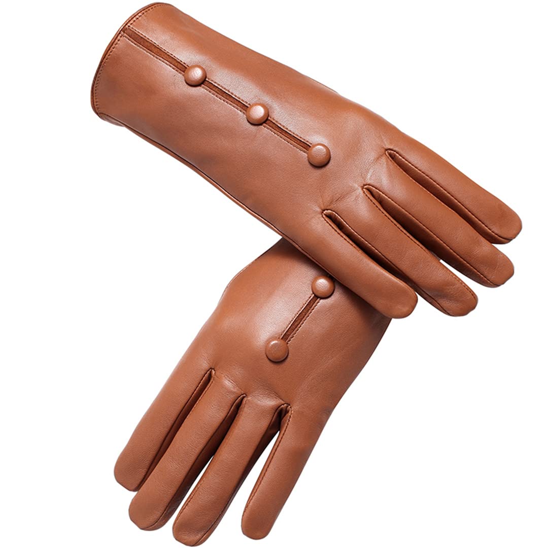 Guanti in pelle vintage moda femminile Guanti da polso da ciclismo invernali da donna con design a scatto caldo Brown 40