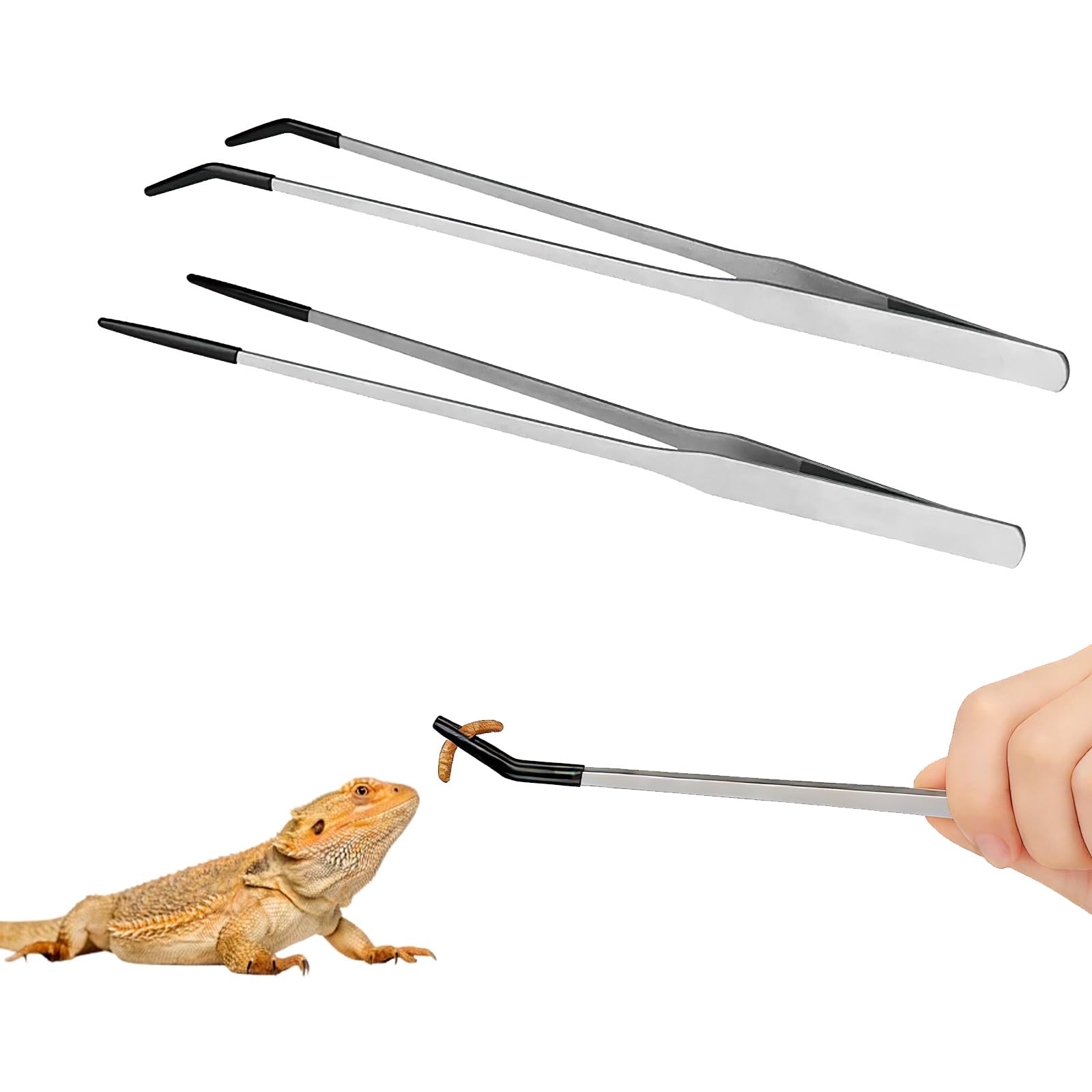 2 Pcs Reptile Feeding Tongs, Stainless Steel Long Tweezers Set with Rubber Tips, Fish Tweezers, Straight & Curved Aquarium/Terrarium Tools for Lizards, Snakes, Fish & Plant Handling