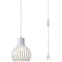 Industrial Plug in Pendant Lighting Metal Wire Cage Hanging Light Fixture with 14.27 Ft Hanging Cord and On/Off Switch White
