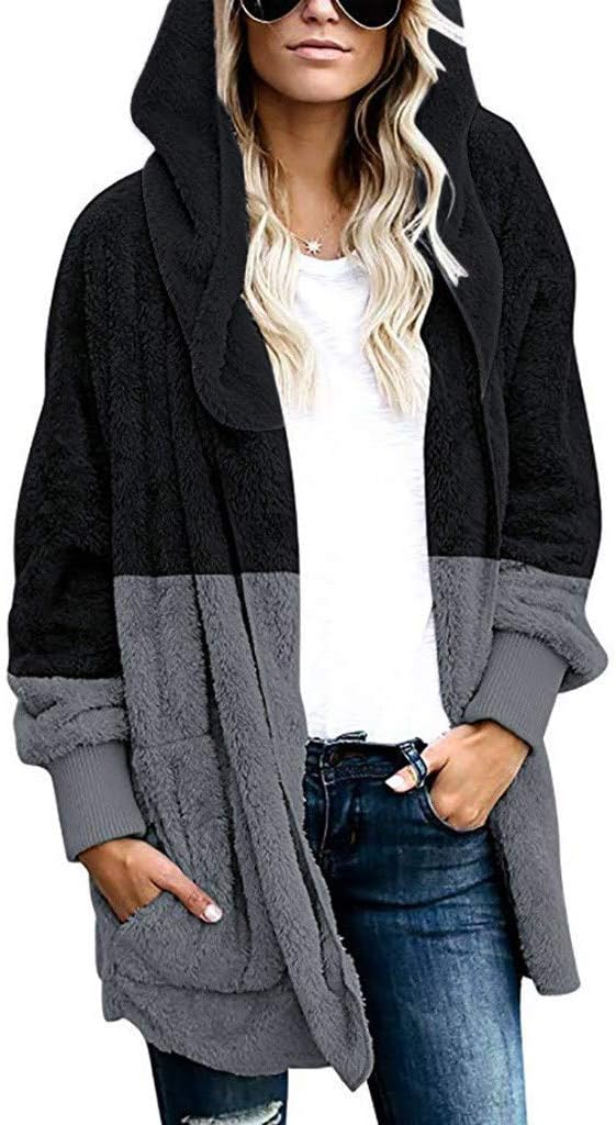 KEYIA Women Jacket Coat Wool Patch Color Open Front Hooded Draped Pockets Oversized Cardigan Coat
