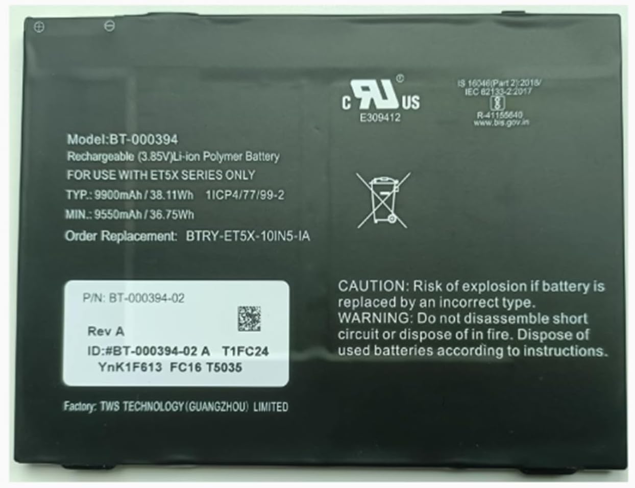 BT-000394 Battery for Zebra ET51 ET56 BTRY-ET5X-10IN6-01 ET51CT-G21E-00A6 Series Barcode Scanner Ultra High Capacity Replacement 4.4V 9550mAh/38.11Wh