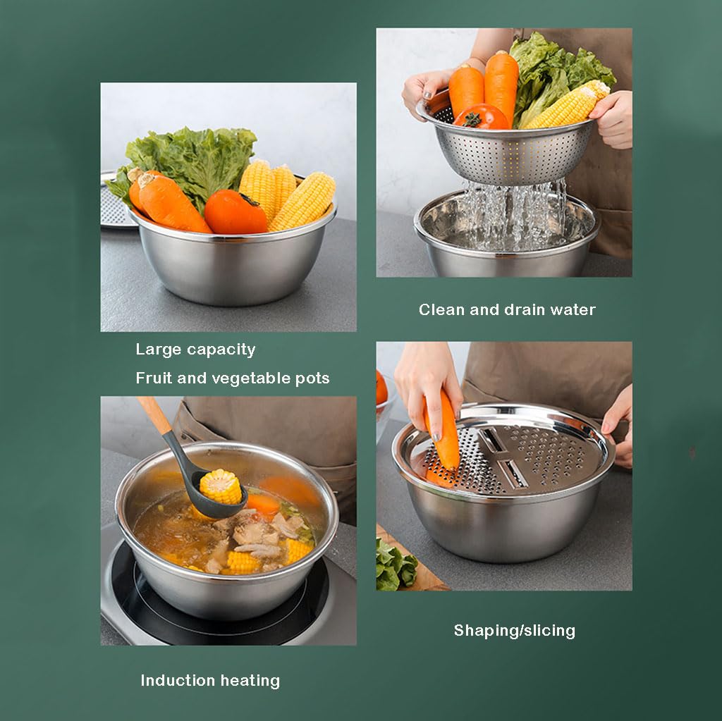 3-in-1 Sieb, Edelstahl Nudelsieb Küchensieb mit Griffen, Metall Mikroperforiertes Abtropfsieb Seiher für Nudeln, Reis, Gemüse, Früchten, Spülmaschinenfest(Size:26CM,Color:Silber)