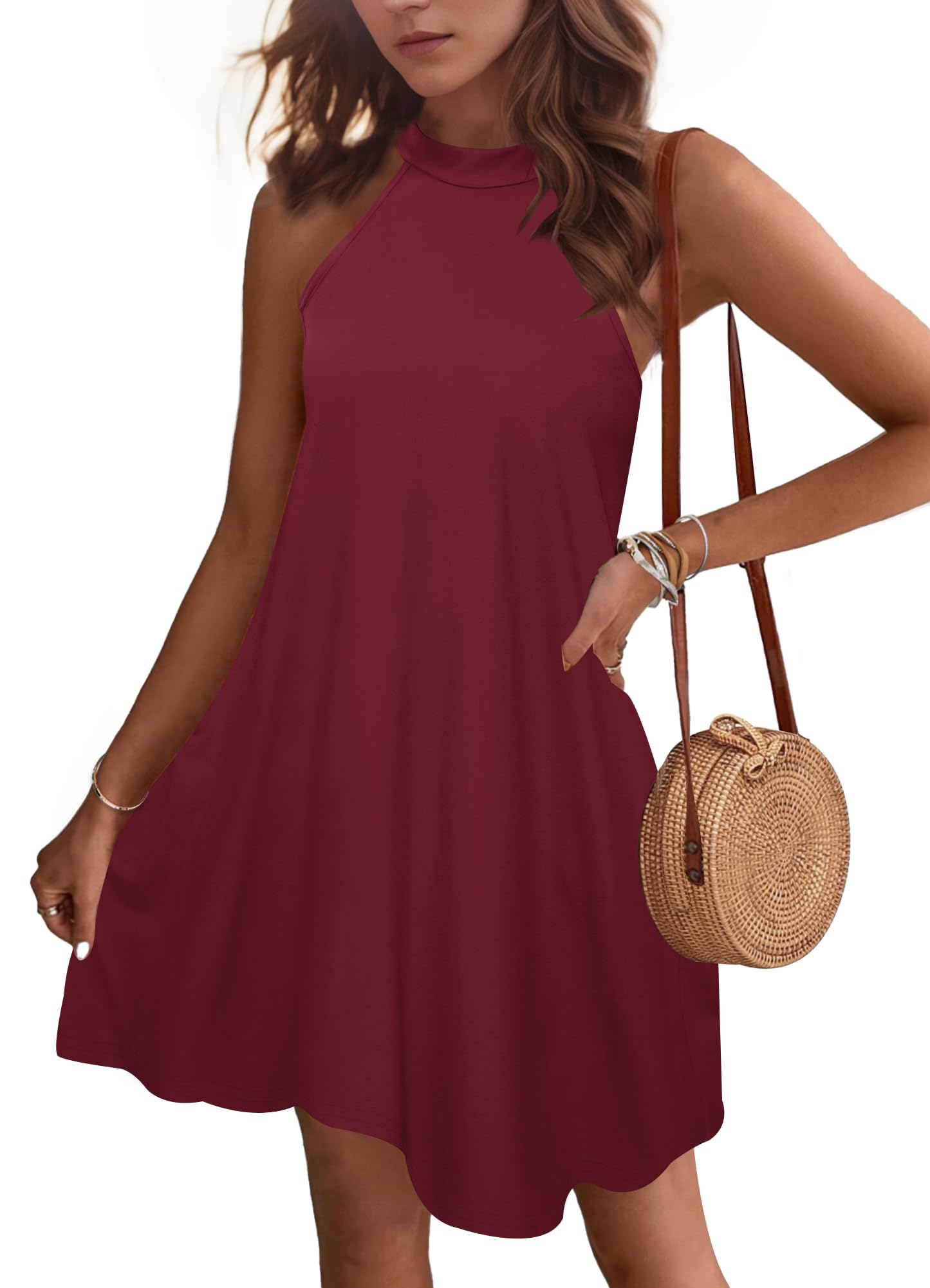 WNEEDU Abito Donna Estivo Vestito Spiaggia Senza Maniche Abito Cort Casual Collo Sospeso Copricostume