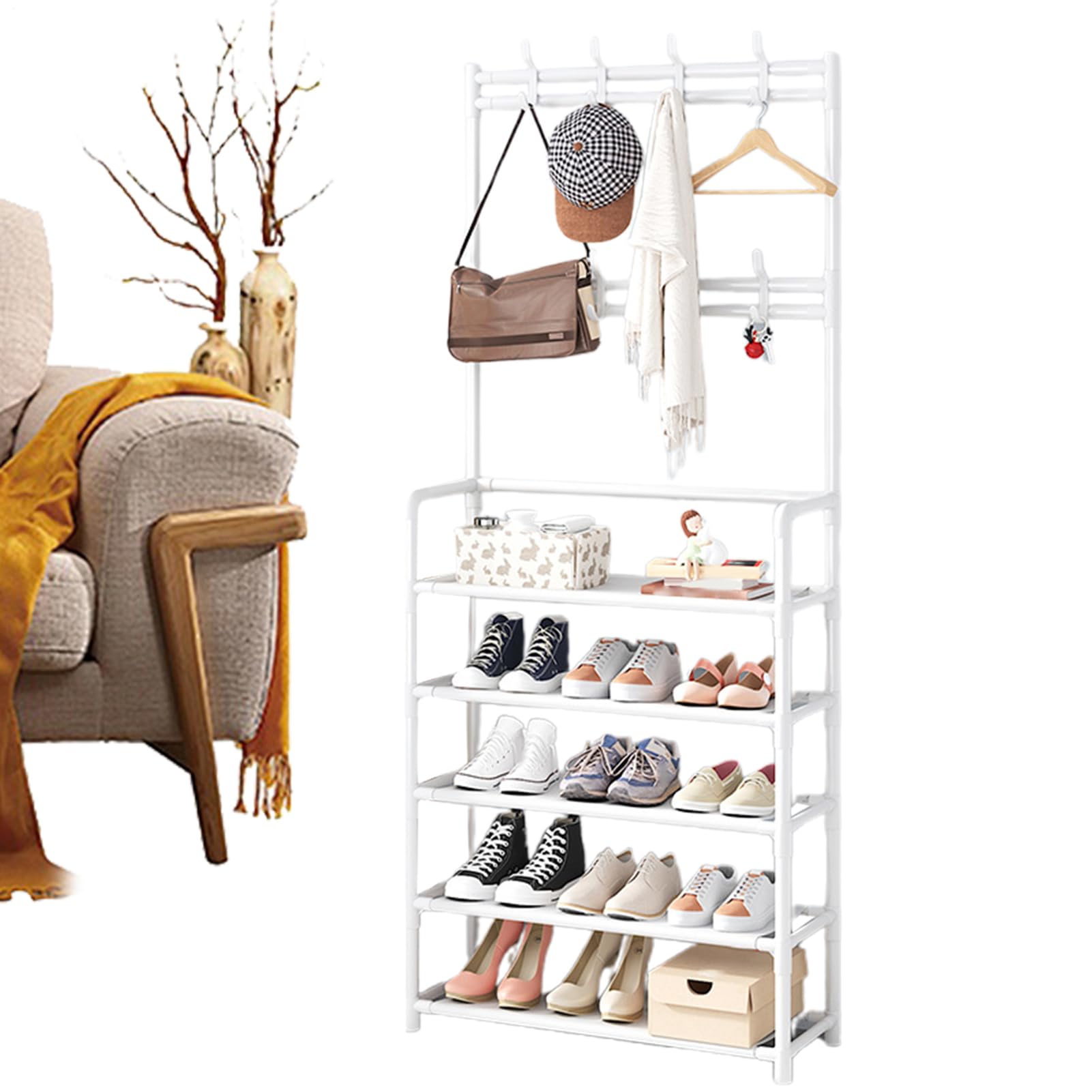 Zapatero - Armadio con portascarpe - Organizer multifunzione da | pavimento | Zapatero Abiti e | Robusta combinazione in metallo e legno per ingresso, dormitorio, camera da ,