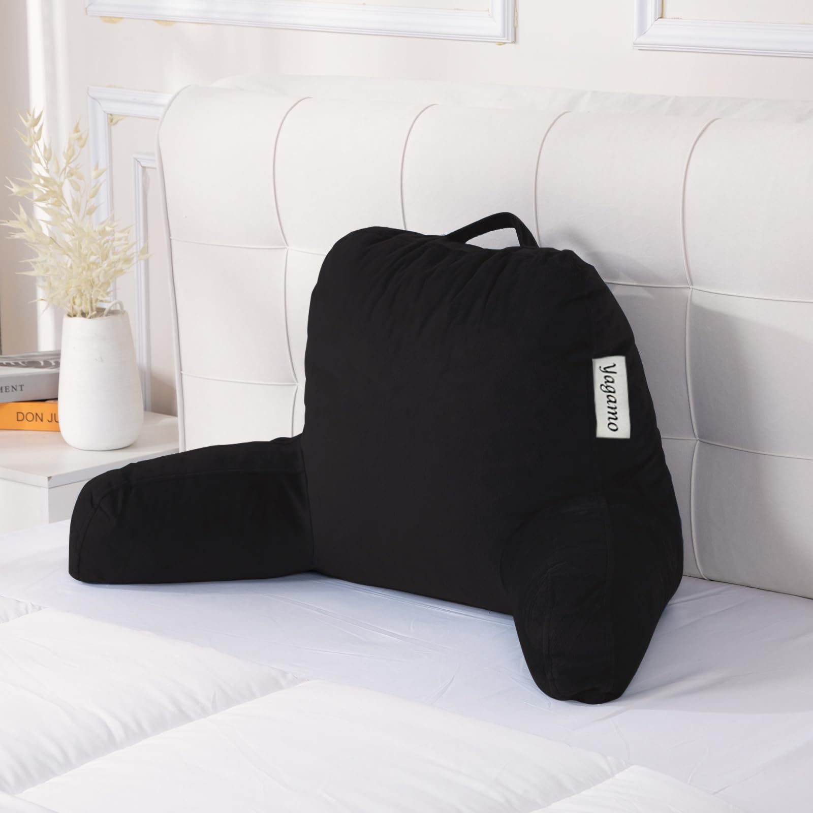 Yagamo Reading Pillow for Bed Sitting Up, Adults and Teens Backrest with Arms, Velvet Back Support Pillow for Sitting on Bed, Sofa, and Couch, Dorm