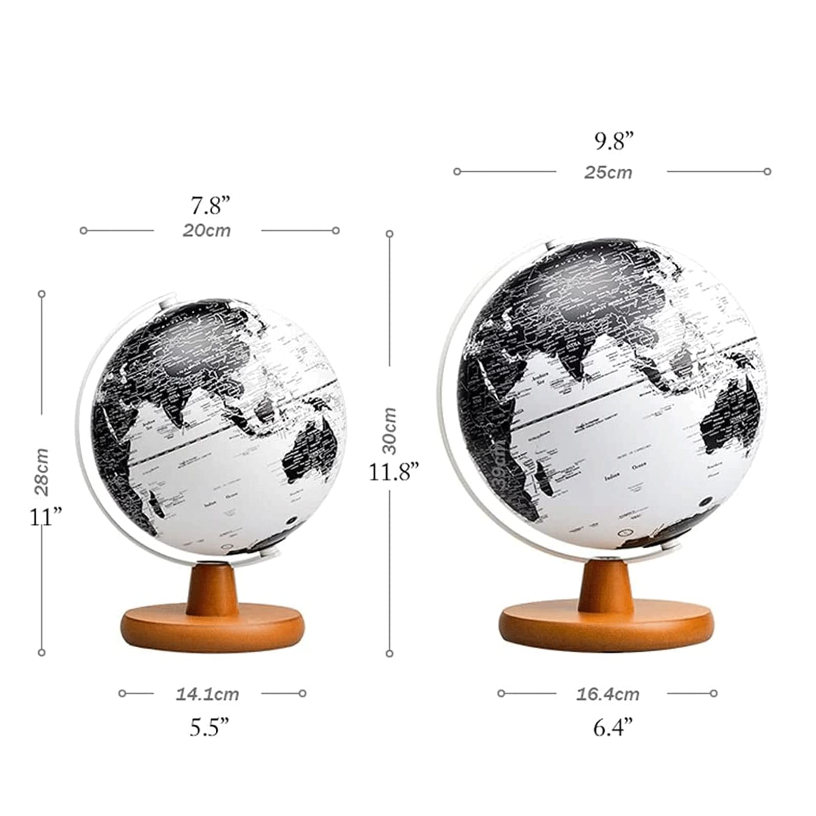 POCHY Mappamondi Mappamondo con Supporto in Legno Mappamondi Illuminati antichi Neri Mappamondi geografici oceanici Bianchi Dimmerabile (dimmerabile) 25 cm/10 Pollici Fine e Chiaro