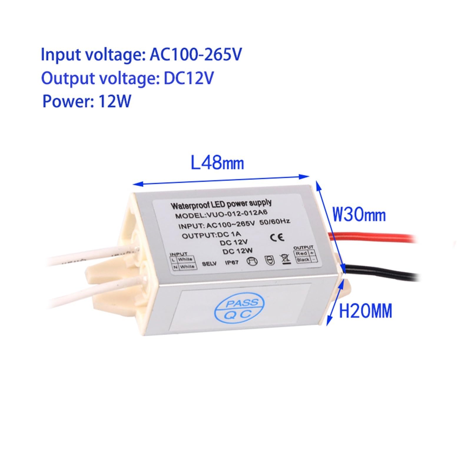 1 PZ LED ingresso alimentazione impermeabile AC100-265V uscita 12V 1A 12W/1.68A 20W /2.5A 30W/ 3.75A 40W /5A 60W / trasformatore(100W)