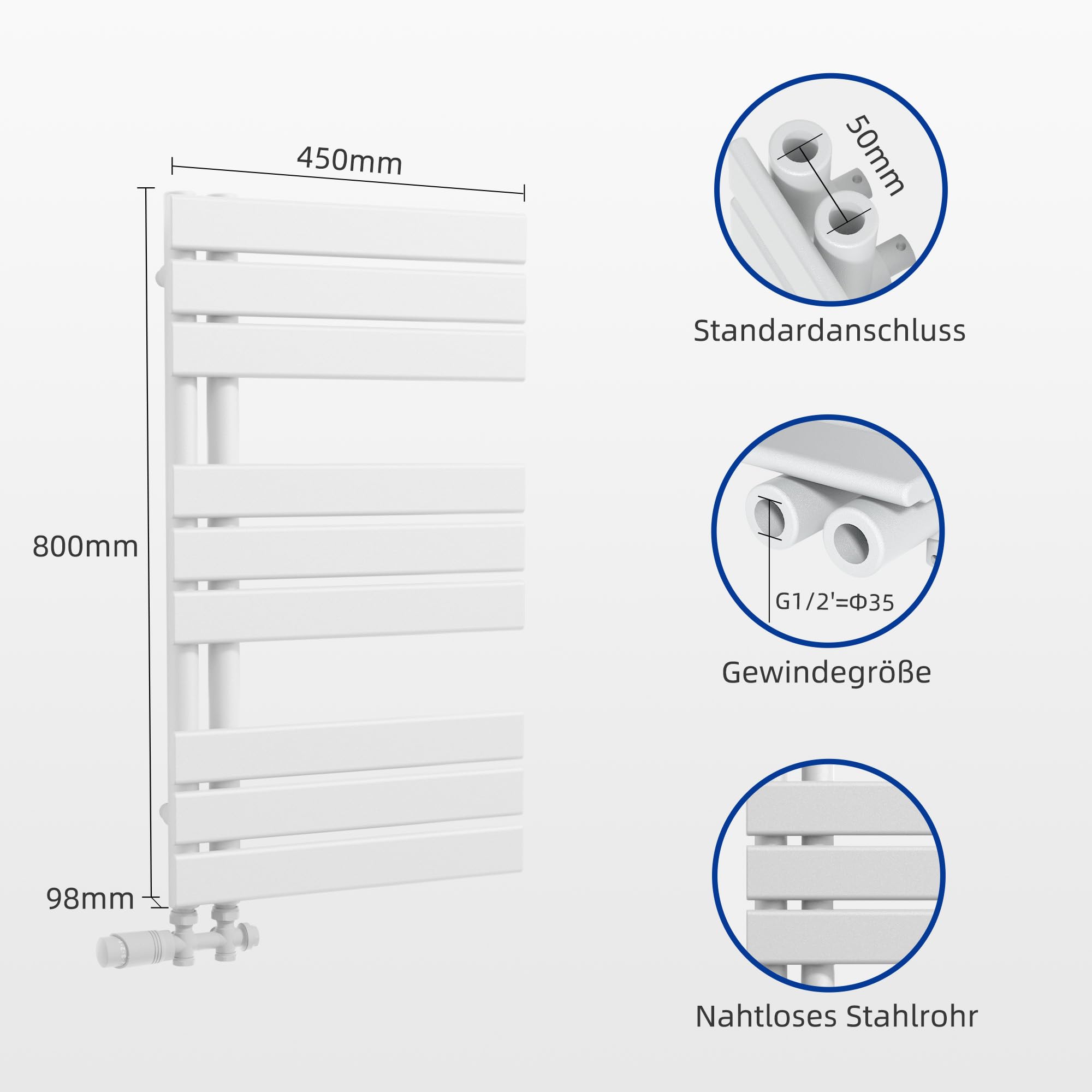 VANCOCO Badheizkörper Mittelanschluss Weiß 800×450 mm Handtuchwärmer