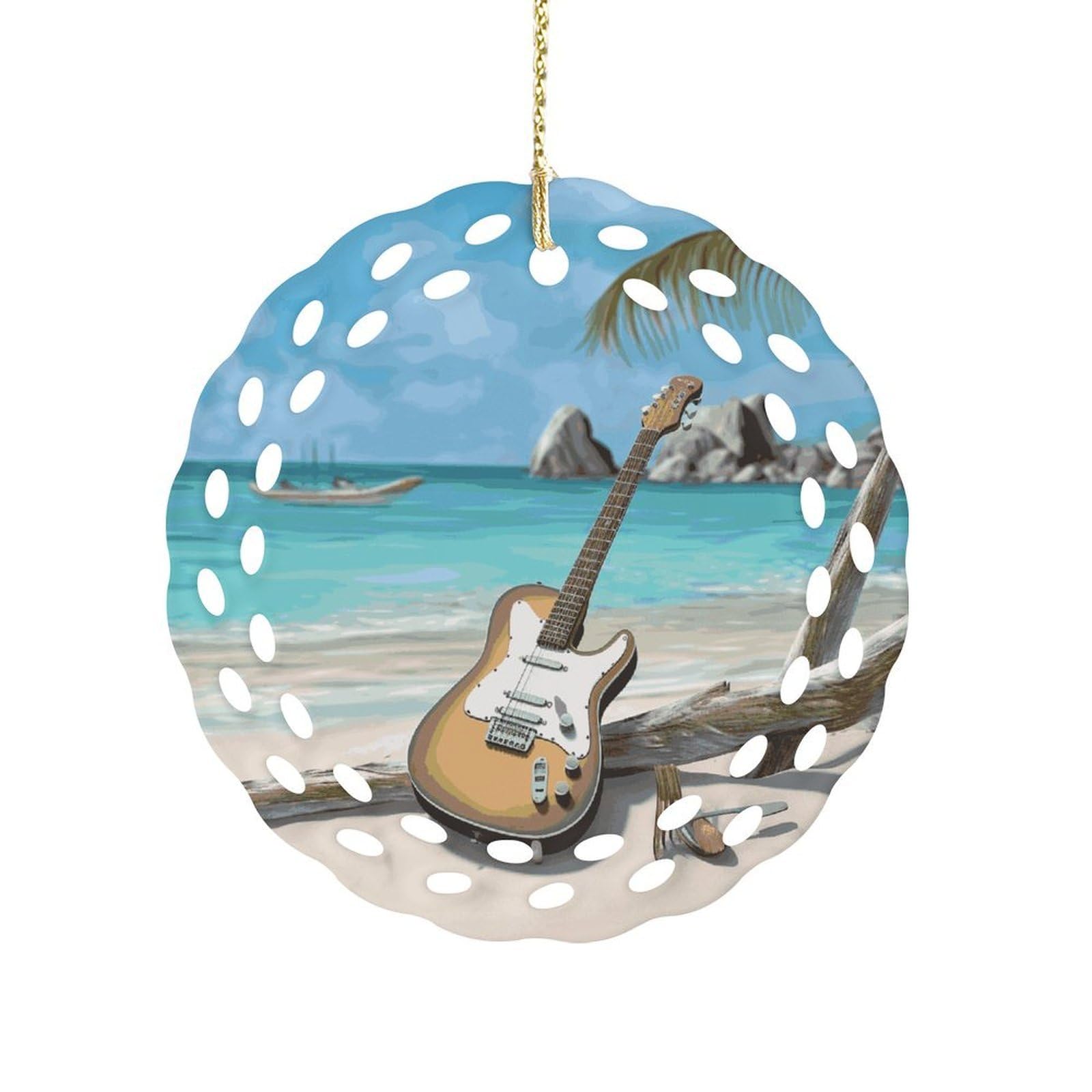 Btcowzrv Style Guitar On The Beach Ceramic Ornament,Round Ornaments With Hole Easy To Hang,Hanging Ornament For Wedding Party Home Window Garden Christmas Day Decor
